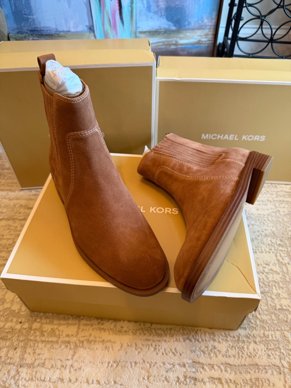 Michael Kors Suede Ankle Booties in Cognac Brown